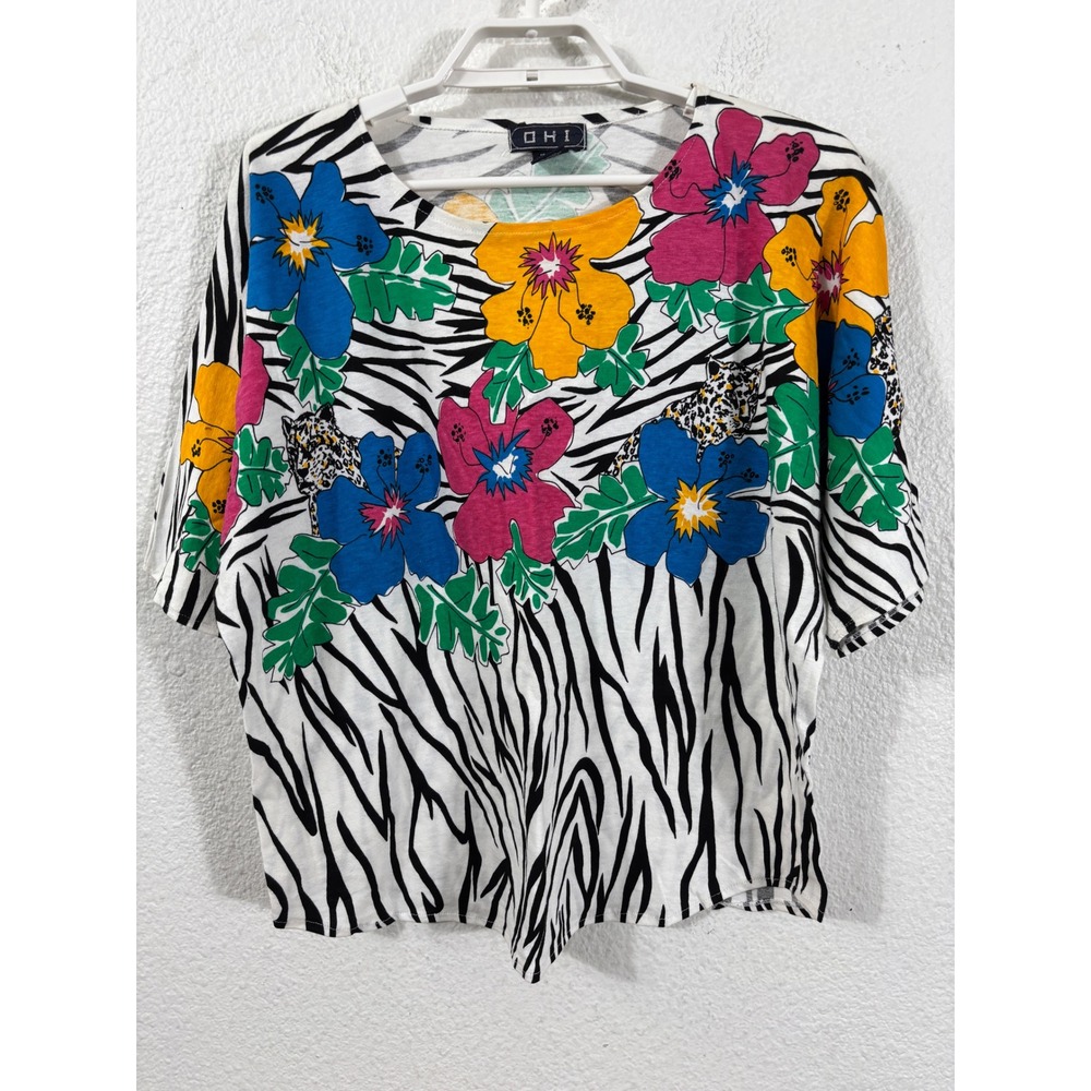 OHI T Shirt Womens L White oversized Vintage 90s Zebra Floral Cheetah Print‎